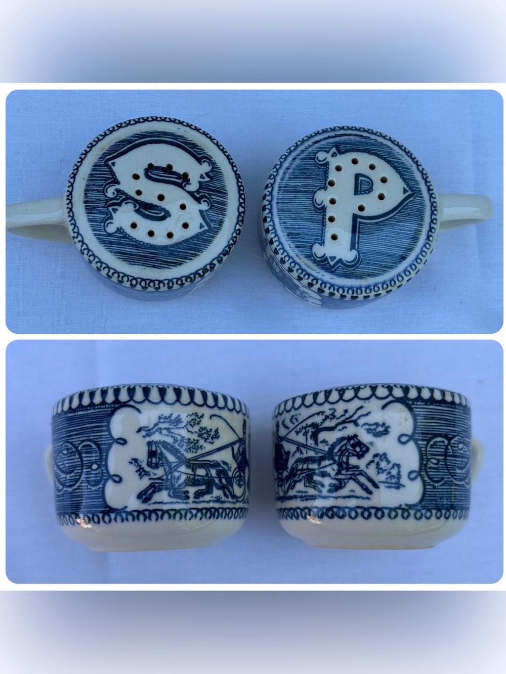 VTG Currier & Ives Blue & White Salt and Pepper Shakers Mug Style Set